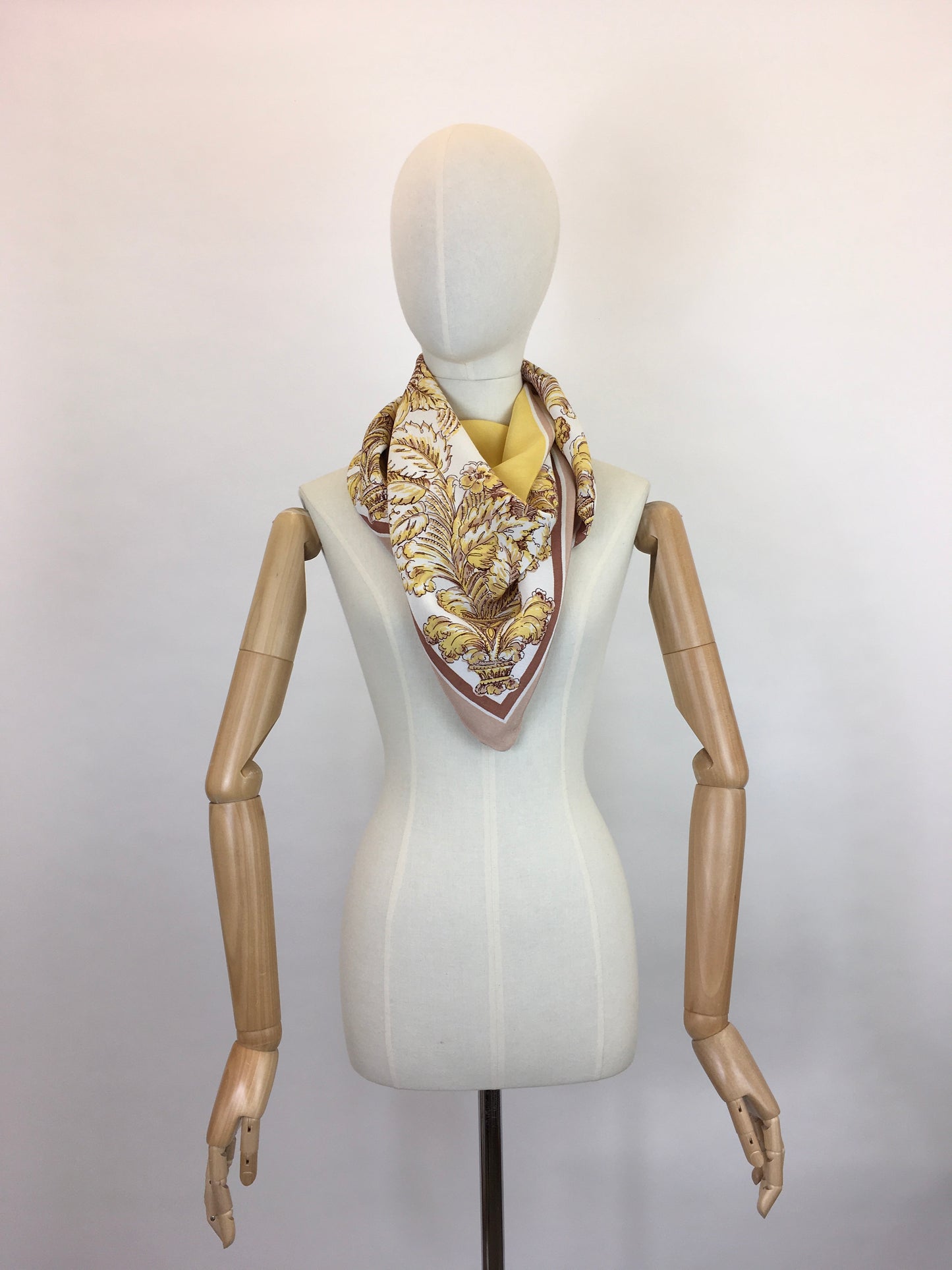Original 1940s Fine Crepe Scarf - In A Beautiful Floral In Soft Yellows, Fawns, Warm Brown and Creams