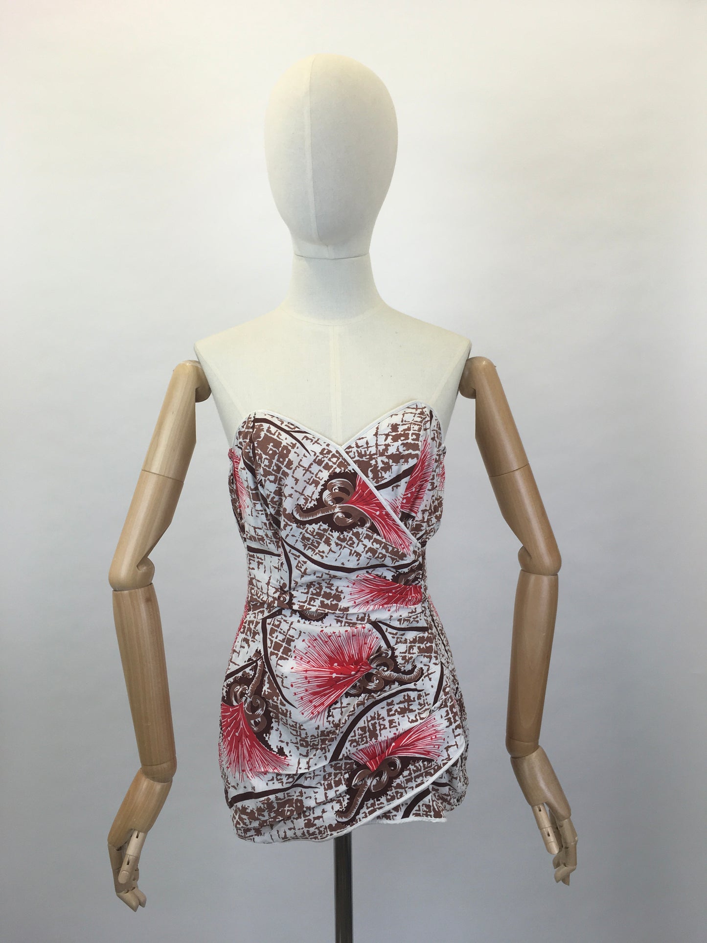 Original Late 1940s early 1950’s Bathing Costume - In a Fabulous Brown and Bright Coral Cotton