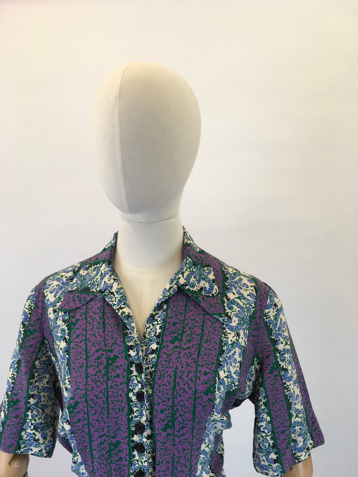 Original 1940s Rayon Dress - In Lovely Rich Purples, Greens and Whites with Florals and Stripes