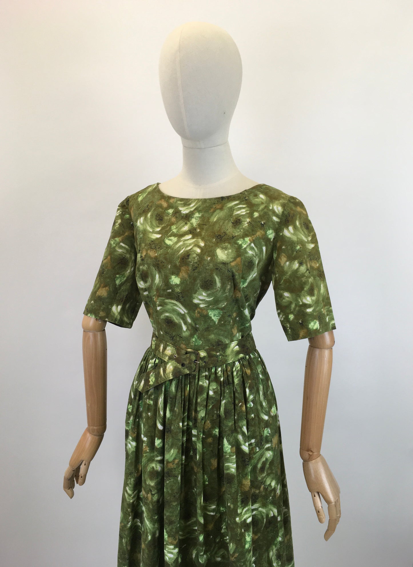 Original 1950's Darling Cotton Day Dress - In Fresh Greens & Chocolate Browns