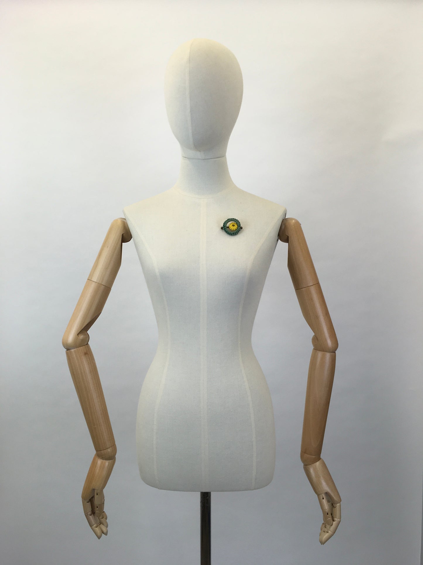 Original 1940s Telephone Cord Brooch - In Soft Green with a Sunshine Yellow Button Detailing