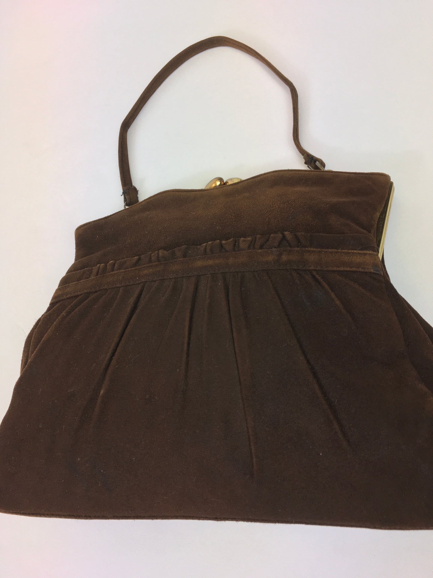 Original 1930s Darling Suede Handbag In Brown - Pleated Detailing To The Front