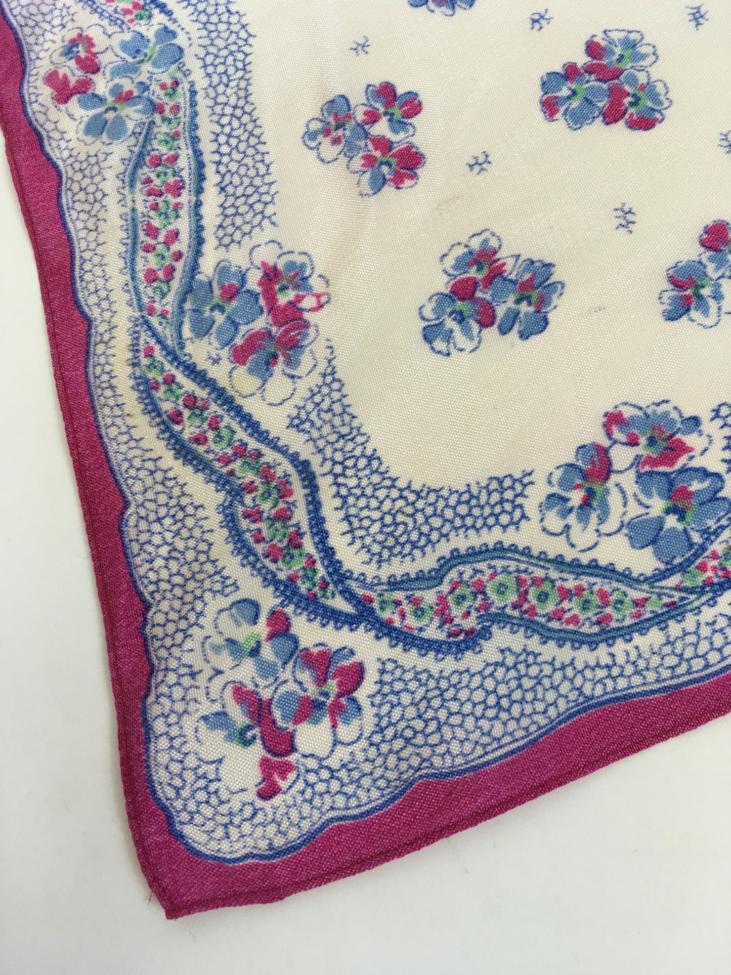 Original 1940’s Rayon Hankie - In Cerise Pink, Ivory and Blue