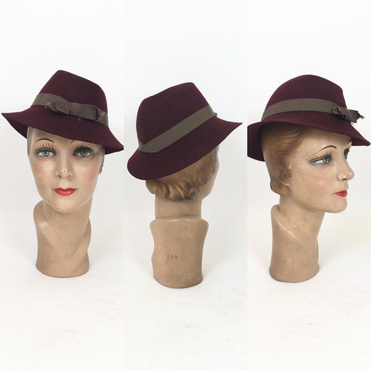 Original 1930's Fabulous Fedora Tilt Hat - In A Warm Winter Berry