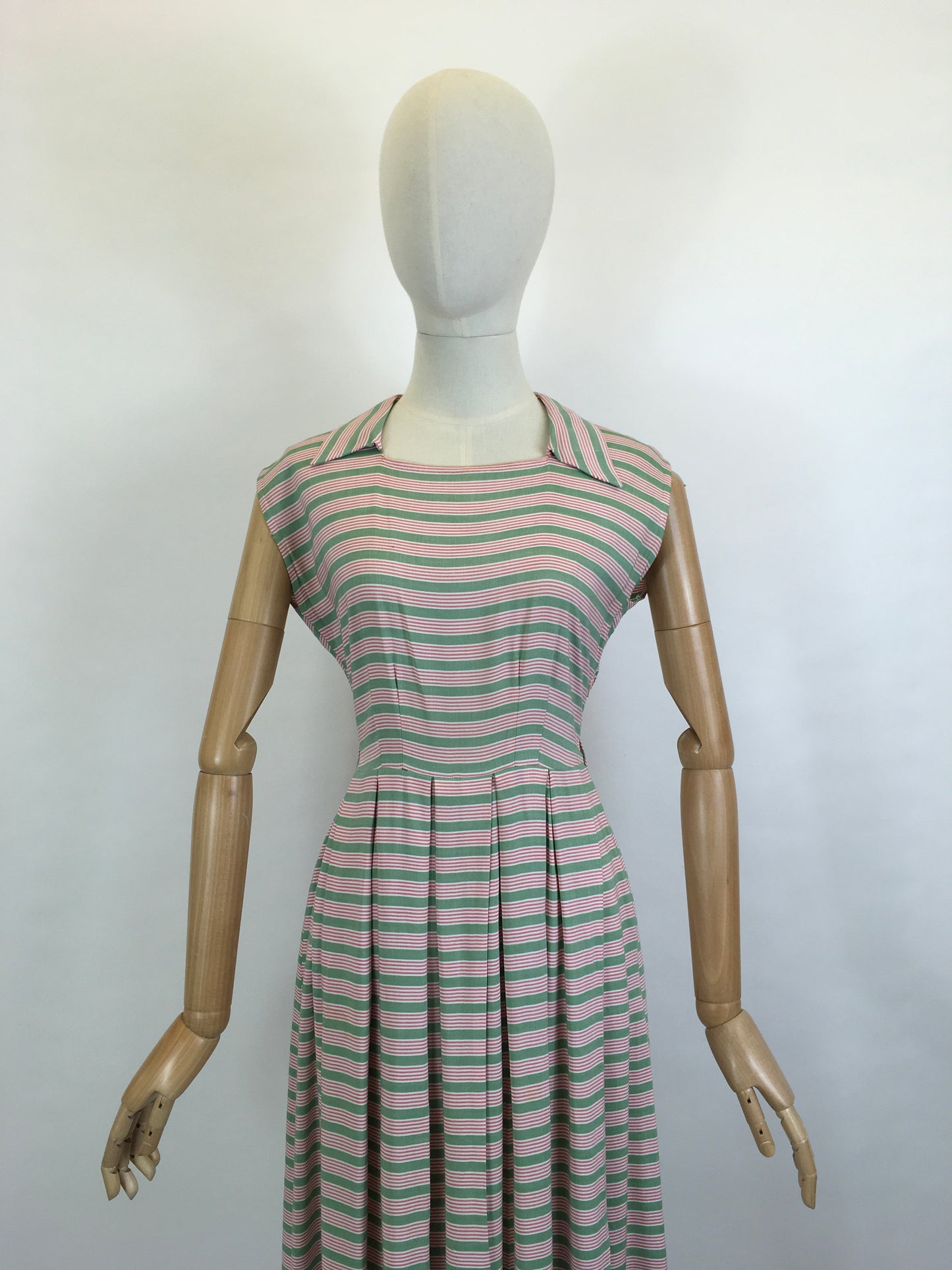 Original Late 1940’s Early 1950’s Cute Cotton Day Dress - In A Soft Cotton Stripe in Sage Green & Powdered Rose