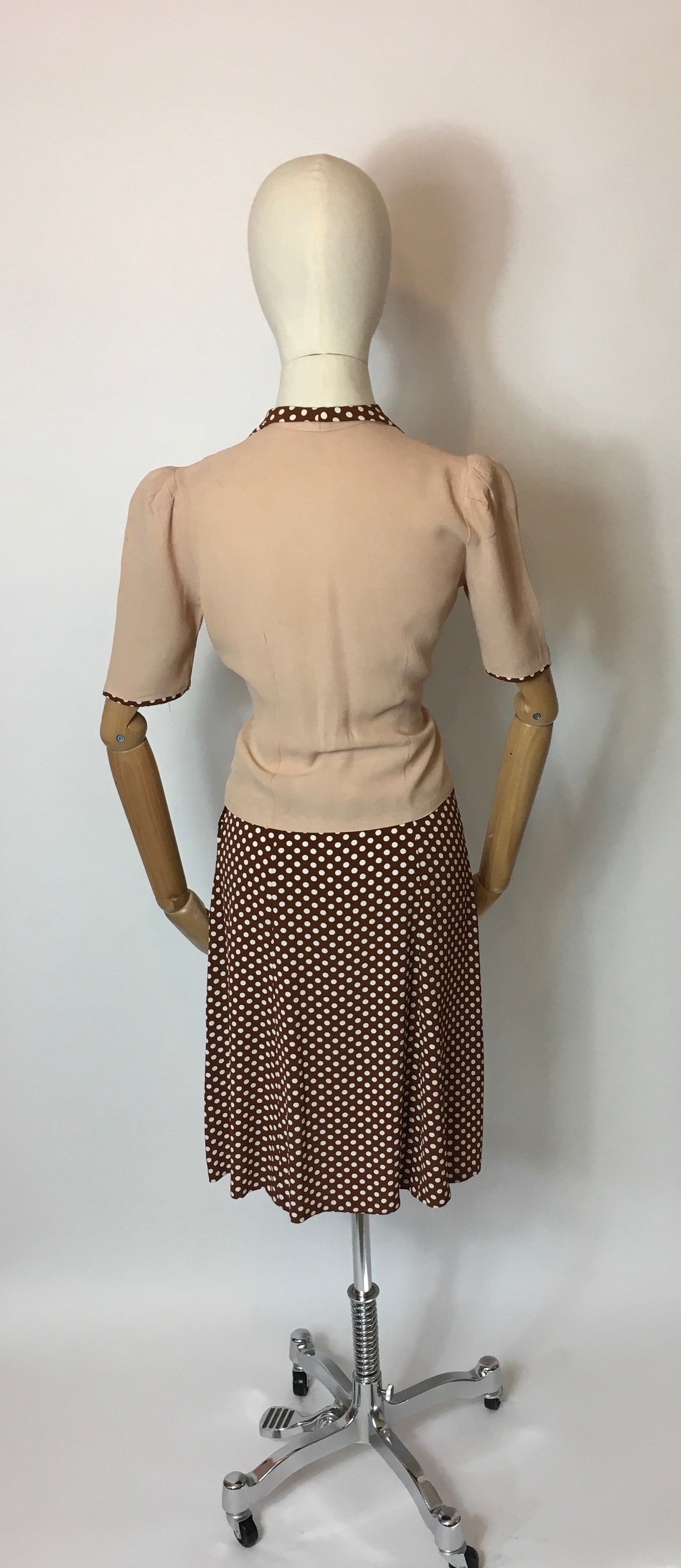 Original 1940’s Darling 2 pc Crepe Suit - In the Most Beautiful Contrast Blush Pink & Brown Polka Dot Crepe