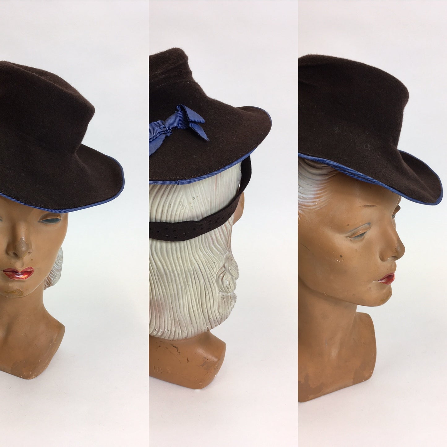Original 1940’s Brown Felt Topper Hat - Adorned With A Powder Blue Bow