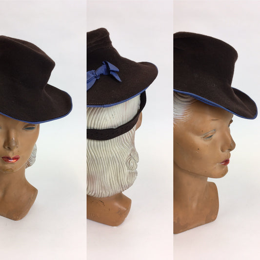Original 1940’s Brown Felt Topper Hat - Adorned With A Powder Blue Bow