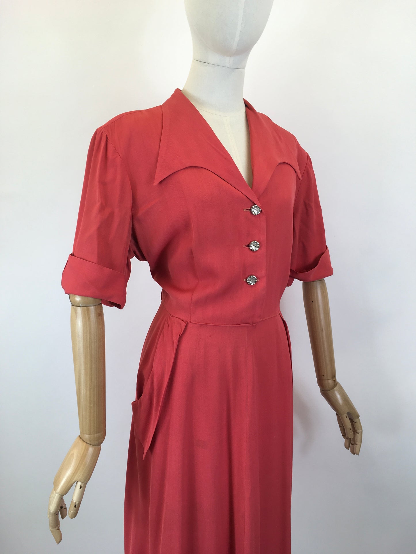 Original 1940’s Gaberdine Day Dress - In A Bright Lipstick Coral Colour