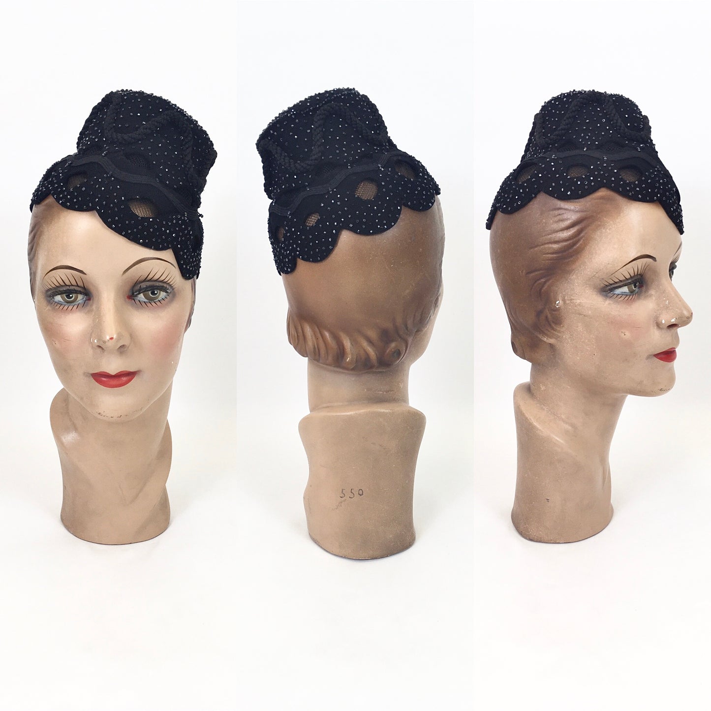Original 1950's Fabulous Black Tilt hat - With Bugle Bead, Ric Rac and Netting Embellishment