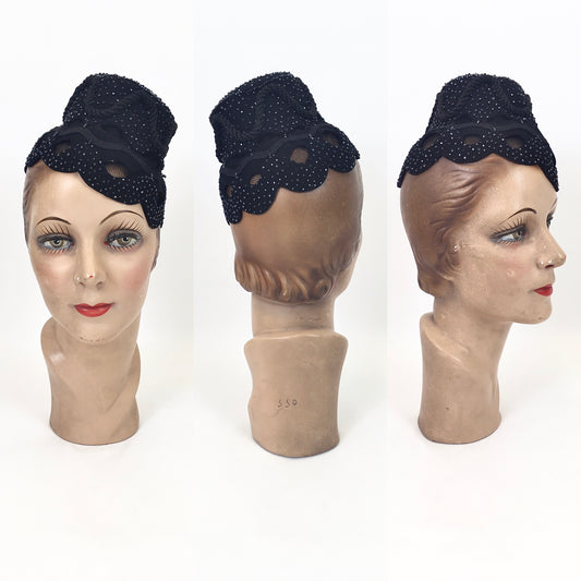 Original 1950's Fabulous Black Tilt hat - With Bugle Bead, Ric Rac and Netting Embellishment