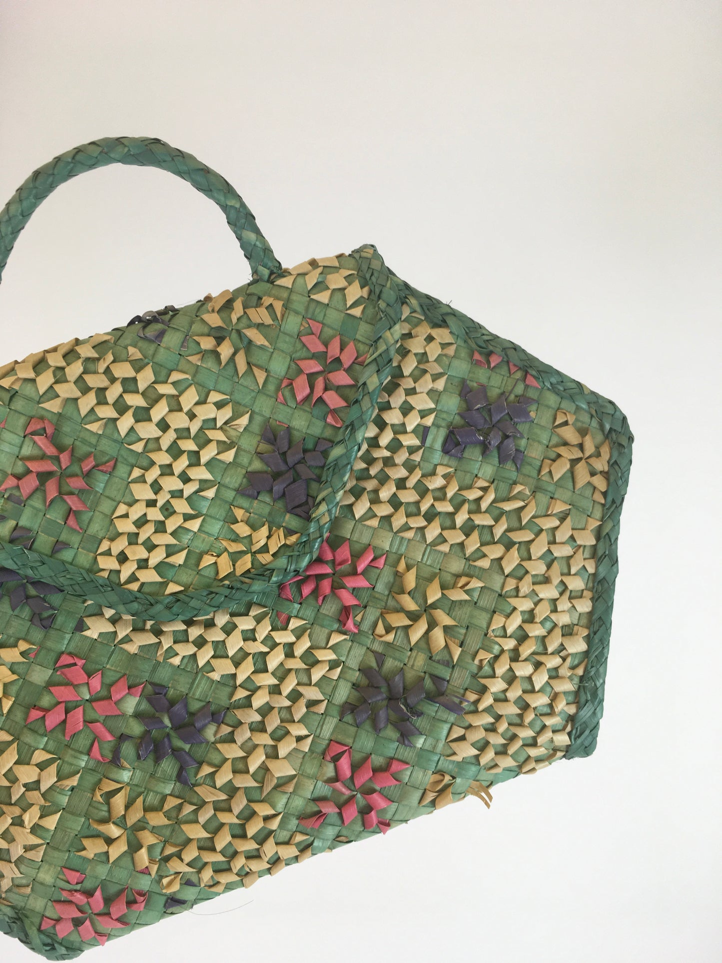 Original 1930’s Eau De Nil Raffia Handbag - With Delicate Rose, Lilac and Beige Hints