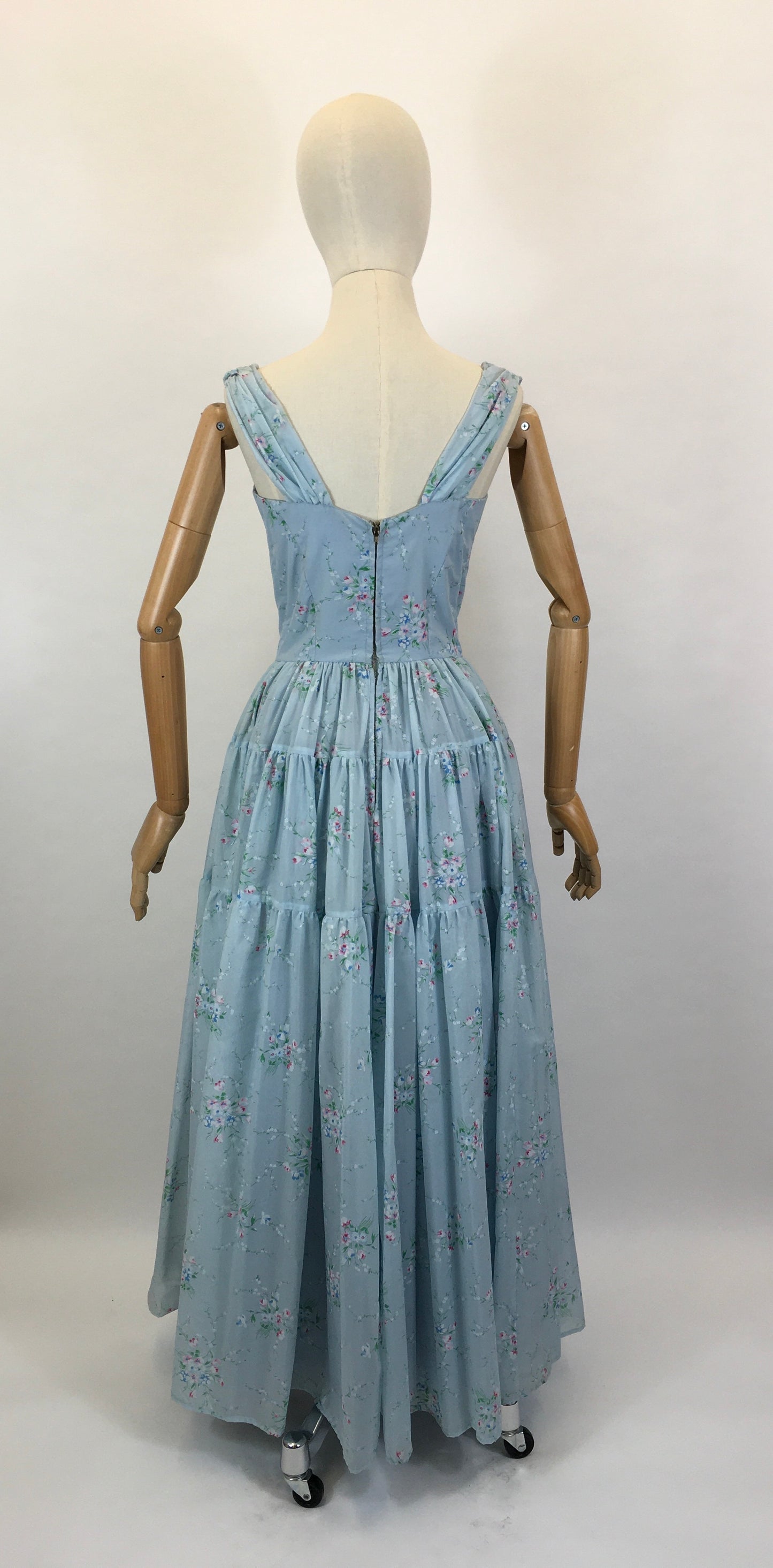 Original 1950’s Darling Full Length Prom Dress - In A Lovely Powder Blue Floral Tulle.