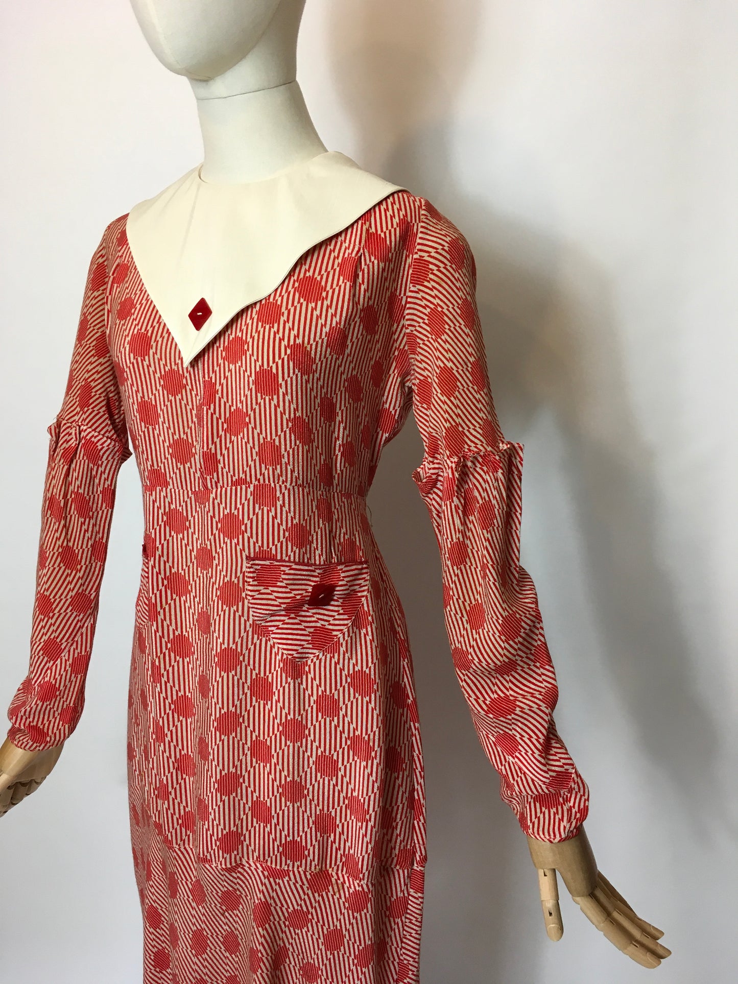 Original 1930’s Stunning Geometric Print Day Dress - Festival of Vintage Fashion Show Exclusive