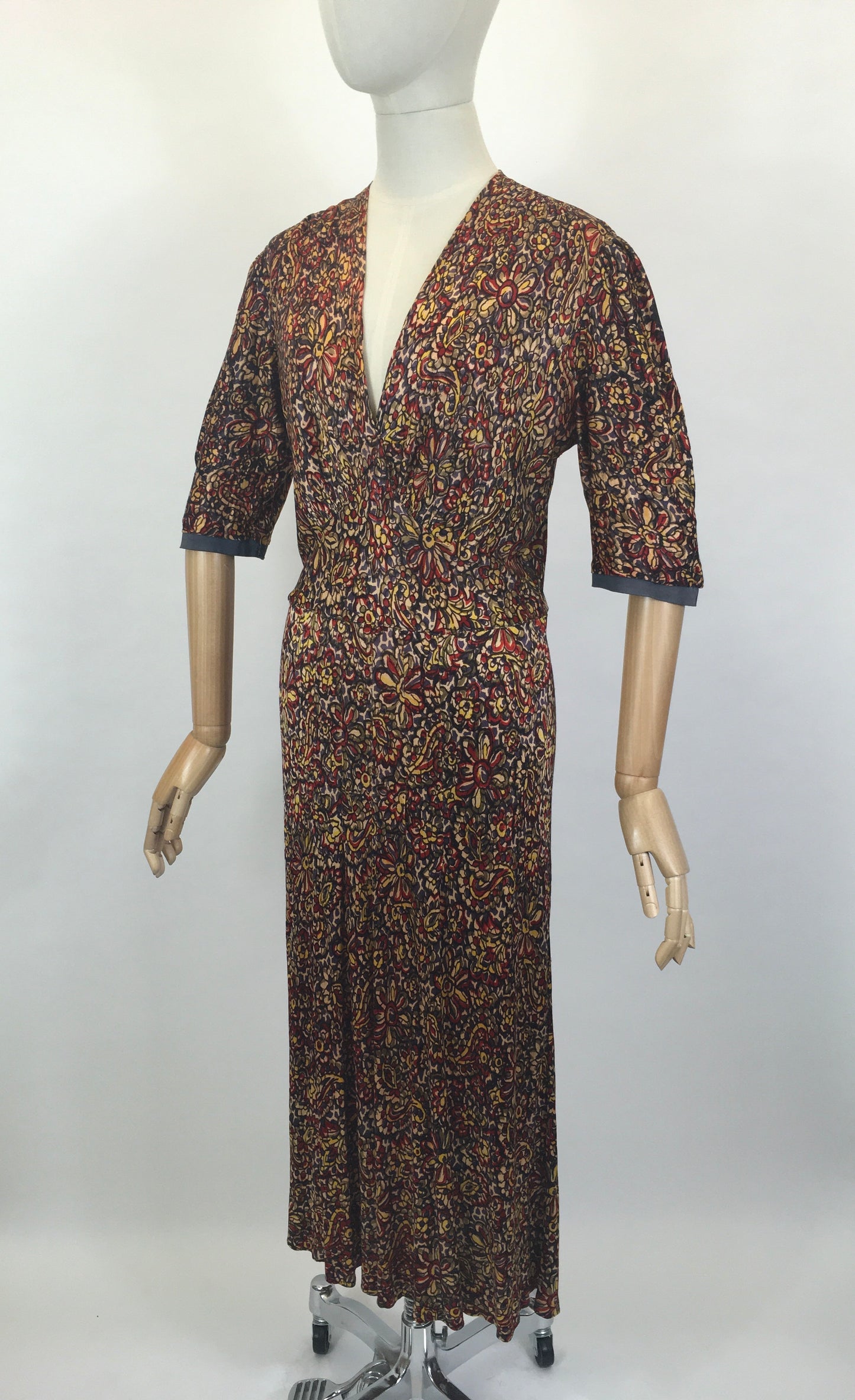 Original 1940’s STUNNING Rayon Jersey Dress AS IS - In Reds, Purples, Yellows & Navy