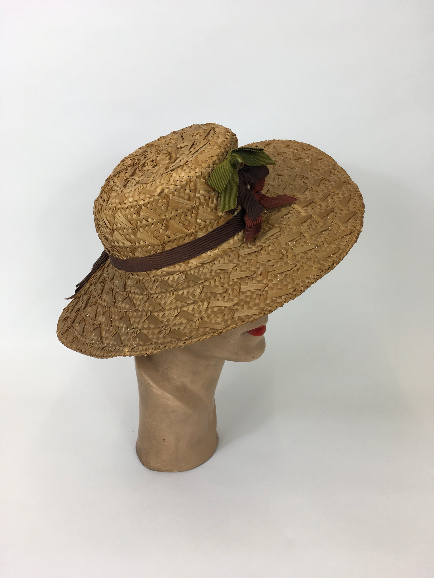 Original 1940’s Straw Hat With Grosgrain Ribbon - In Warm Browns, Grassy Greens and Maroons