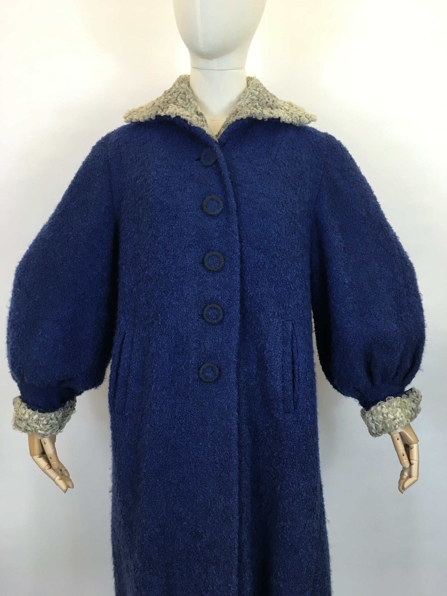 Original 1940’s Amazing Boucle Wool Coat with Astrakhan Trim - In a Royal Blue and Soft Grey