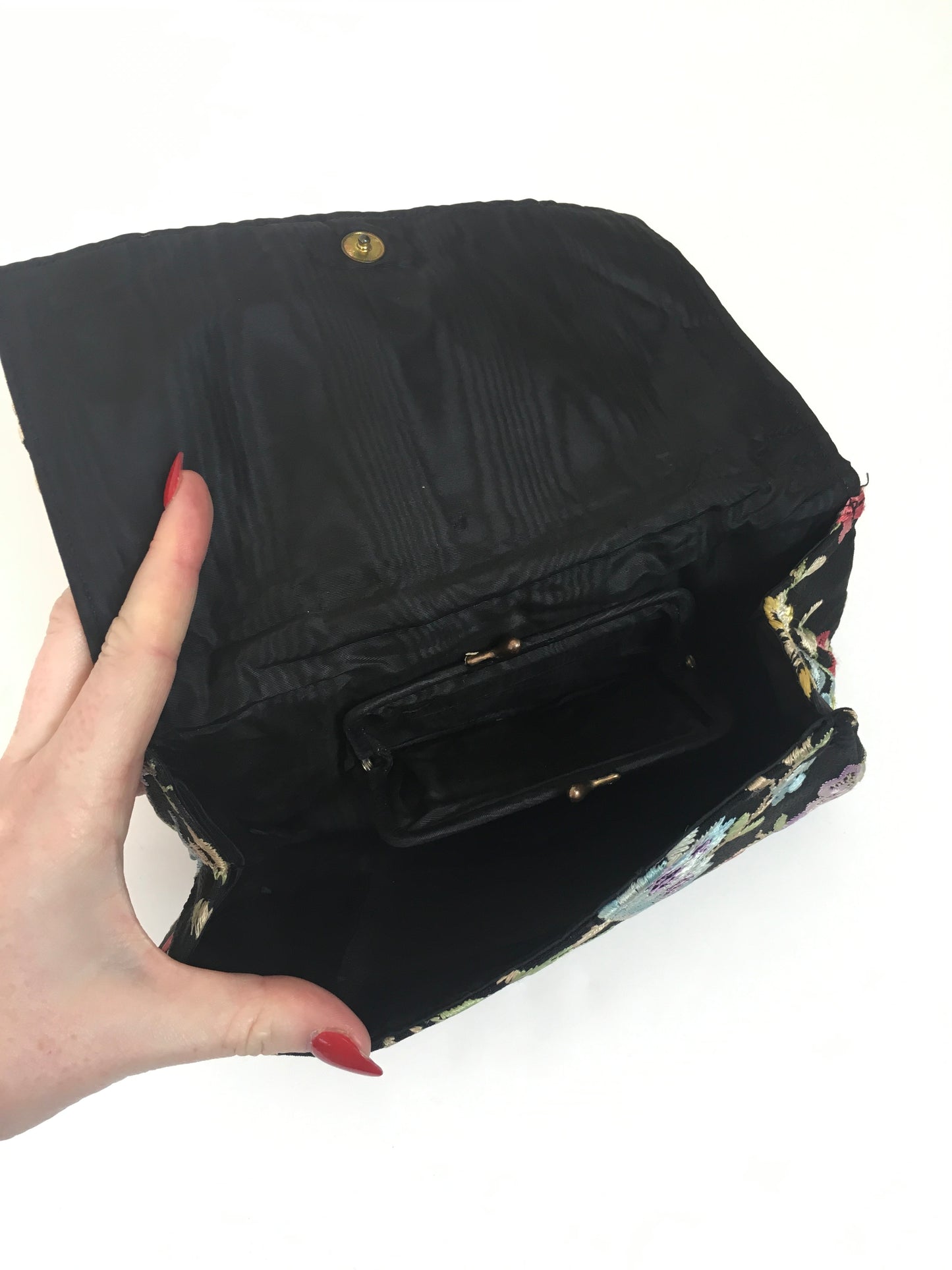 Original 1930's Exquisite Embroidered Crepe Clutch Handbag - In Black with Lilacs, Pinks, Pale Blues and Green