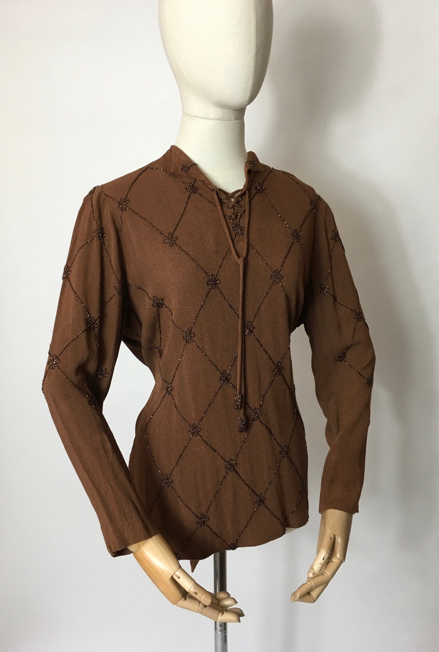 Original 1940’s Double Eleven Plate Label Tunic - Featuring Stunning Bronze Beaded Bodice Detailing on an Autumnal Brown Crepe