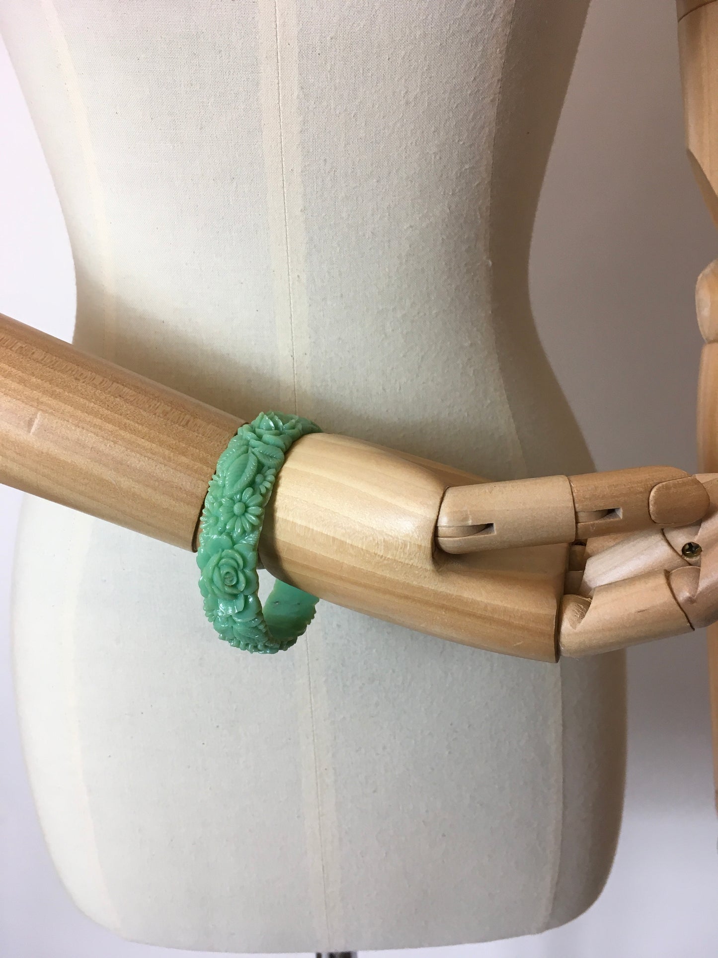 Original 1930’s Floral Carved Celluloid Bangle in Mint Green - Festival of Vintage Fashion Show Exclusive