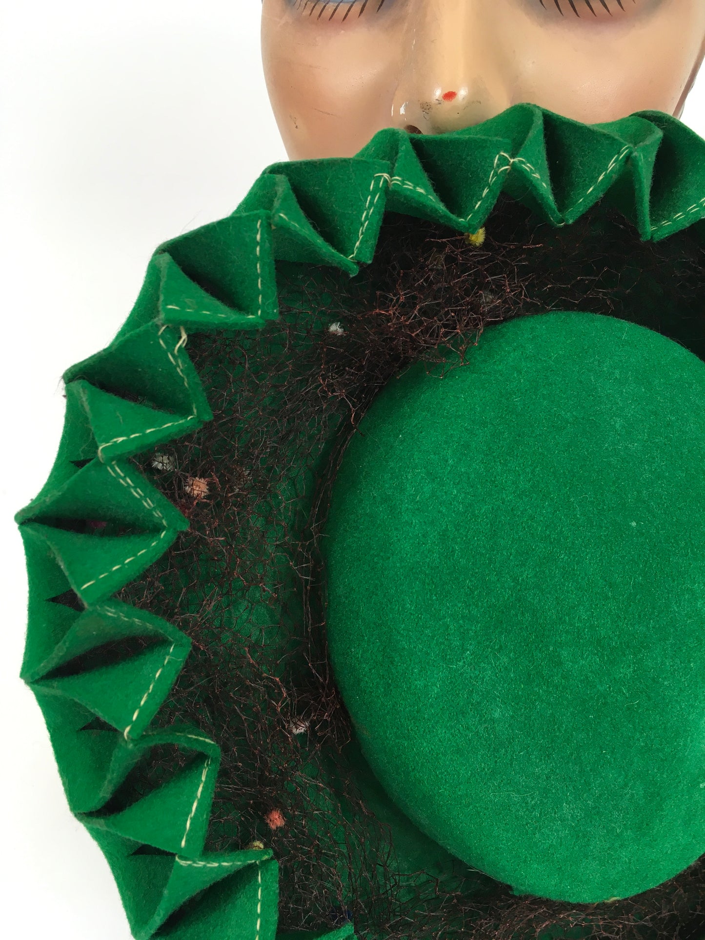 Original 1940’s SENSATIONAL Bottle Green Pancake Hat - With Cutwork and Multi Colour Veiling