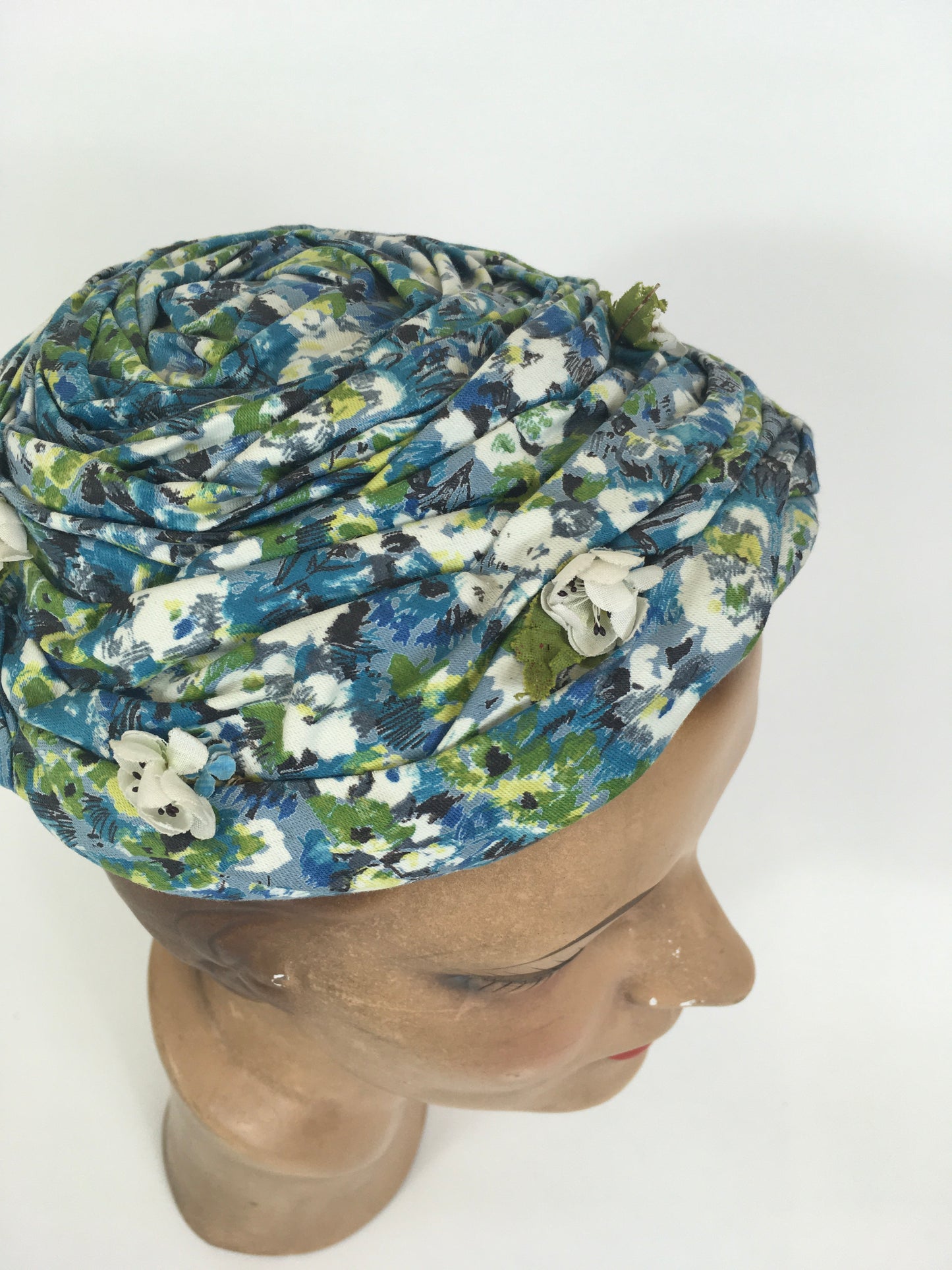 Original 1950’s Darling Floral Headpiece With Flora & Velvet Trim - In Blues, Greens & Ivory