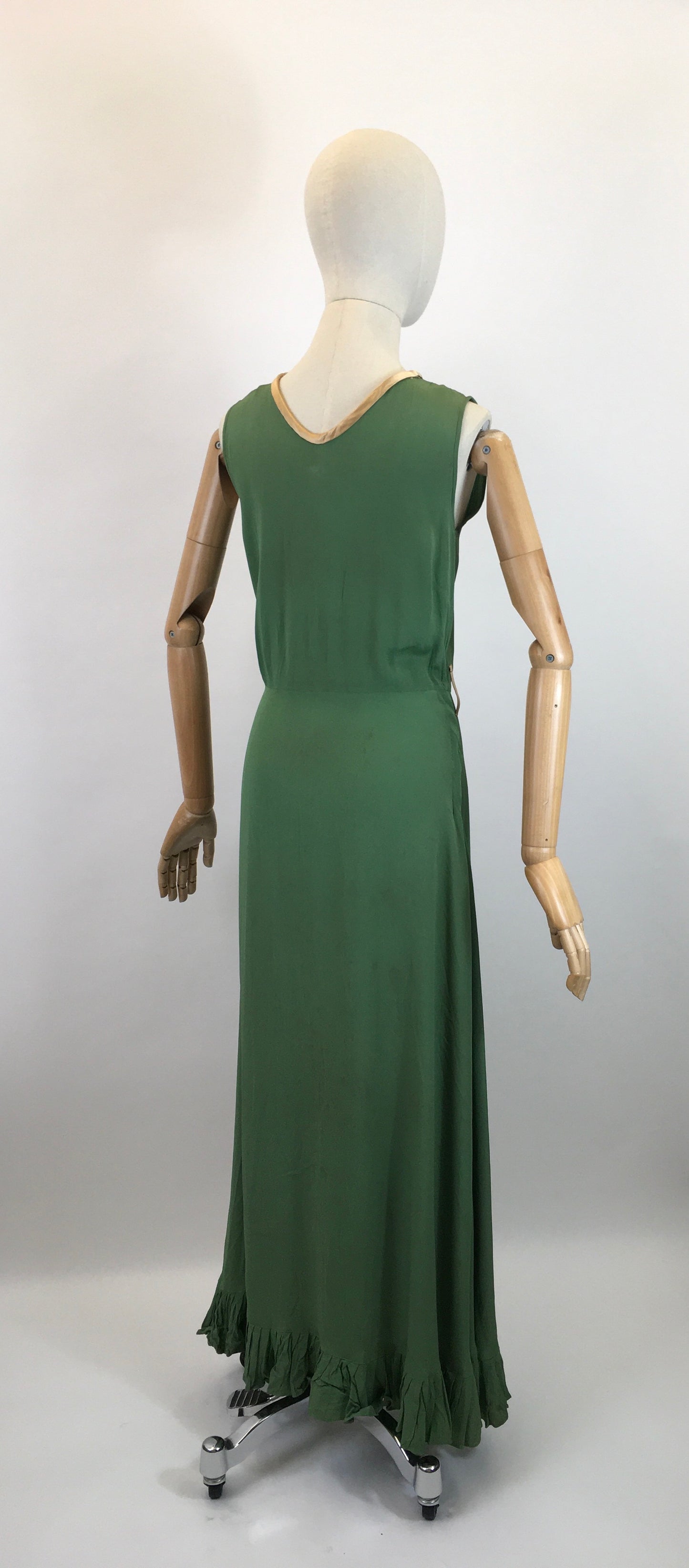 Original 1930's Darling Evening Dress - In Deco Green With Gold Trim