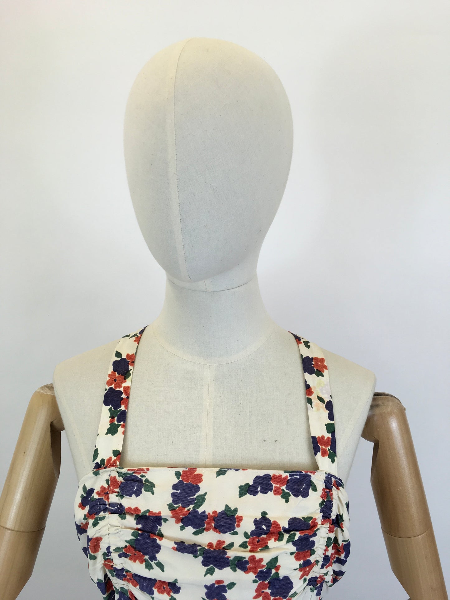 Original Late 1930’s Stunning Evening Gown - Navy & Coral Red Floral Rayon