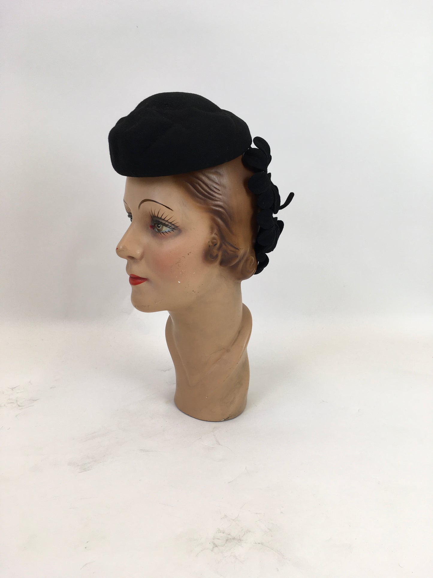 Original 1940's Darling Black Tilt Topper Hat - With Floral Adorned Back Plate