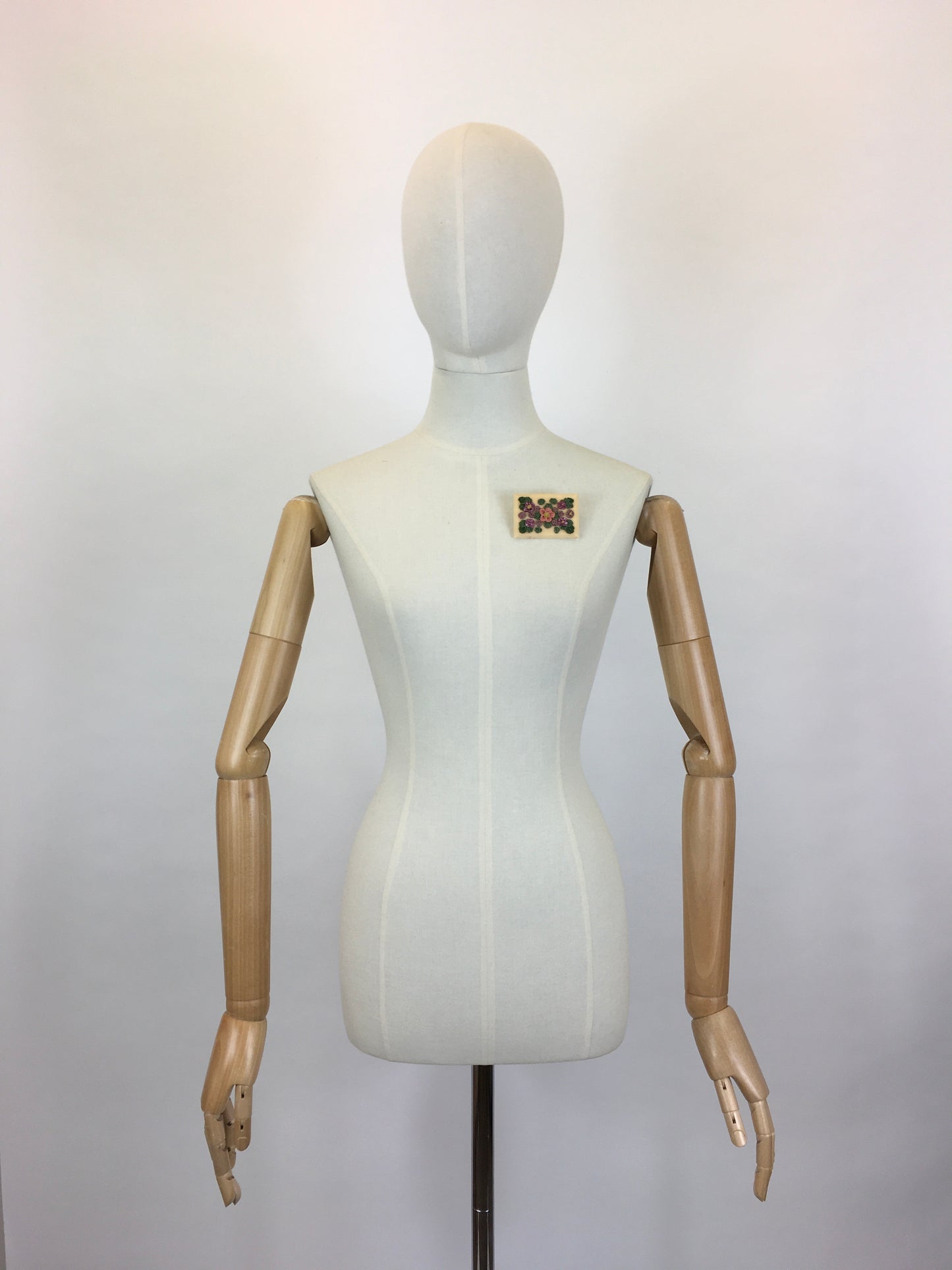 Original 1940’s Beautiful Soft Pink Lucite Brooch - With Hand-painted Flowers in Pinks, Violets and Green