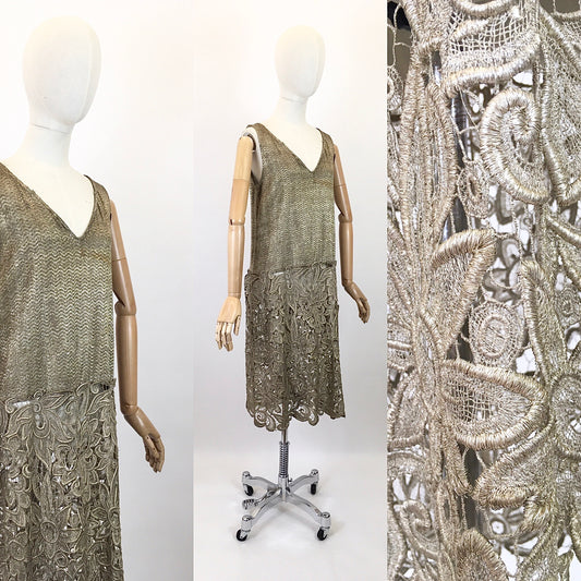 Original 1920's Sensational Gold Lame Dress with Fretwork Floral - Worn in 1926 For The Original Owners Wedding