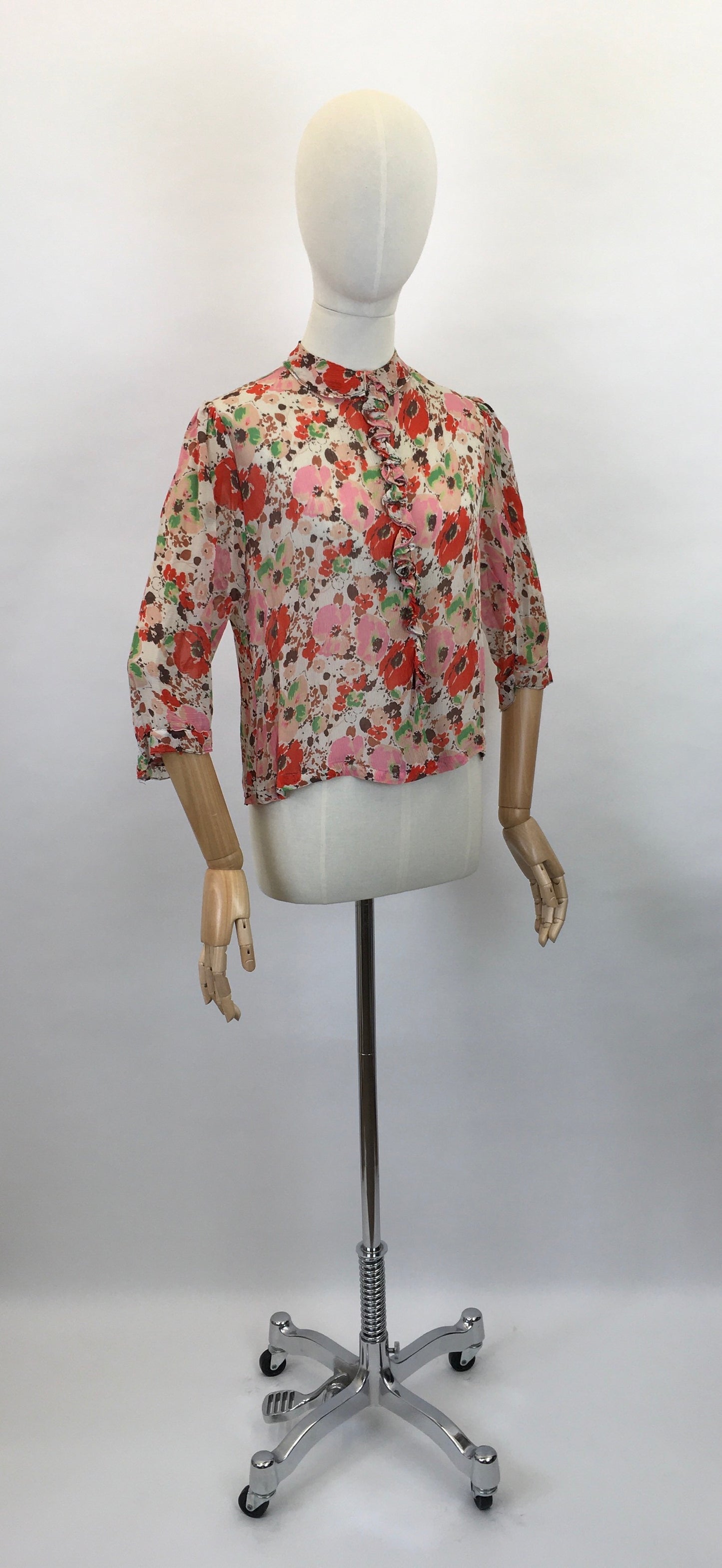 Original 1930s Floral Chiffon Blouse - Exquisite Colour Pallet Of An English Floral Meadow