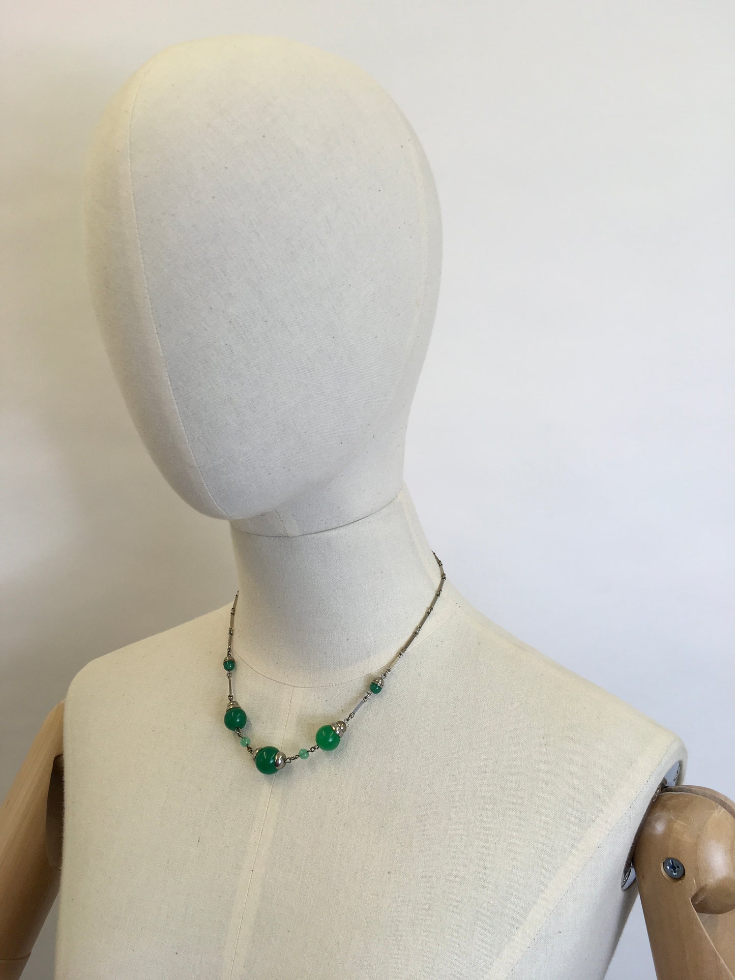 Original 1930’s Necklace - With Bottle  Green Glass Beads