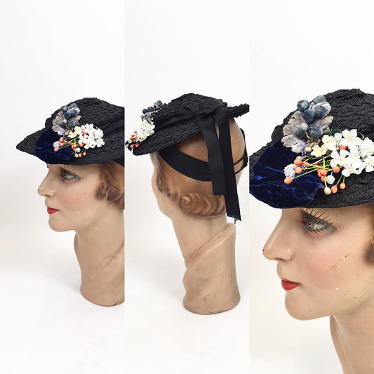 Original 1930's Fabulous Tilt Hat - In Black Straw with Silk Velvet/ Silk and Floral Millinery Adornments