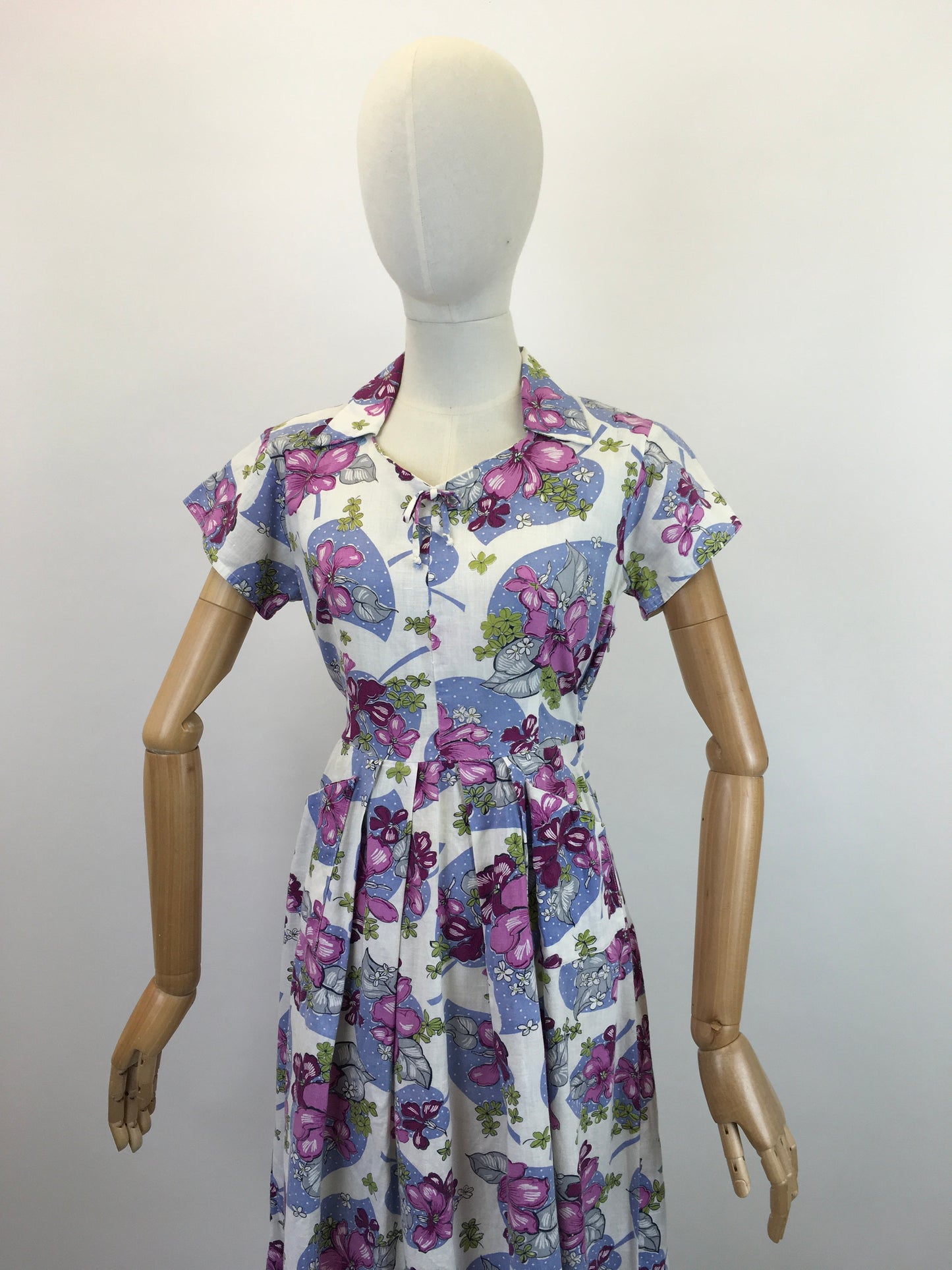 Original 1940's Lovely Cotton Day Dress - In Purple, Pink, Magenta and Green