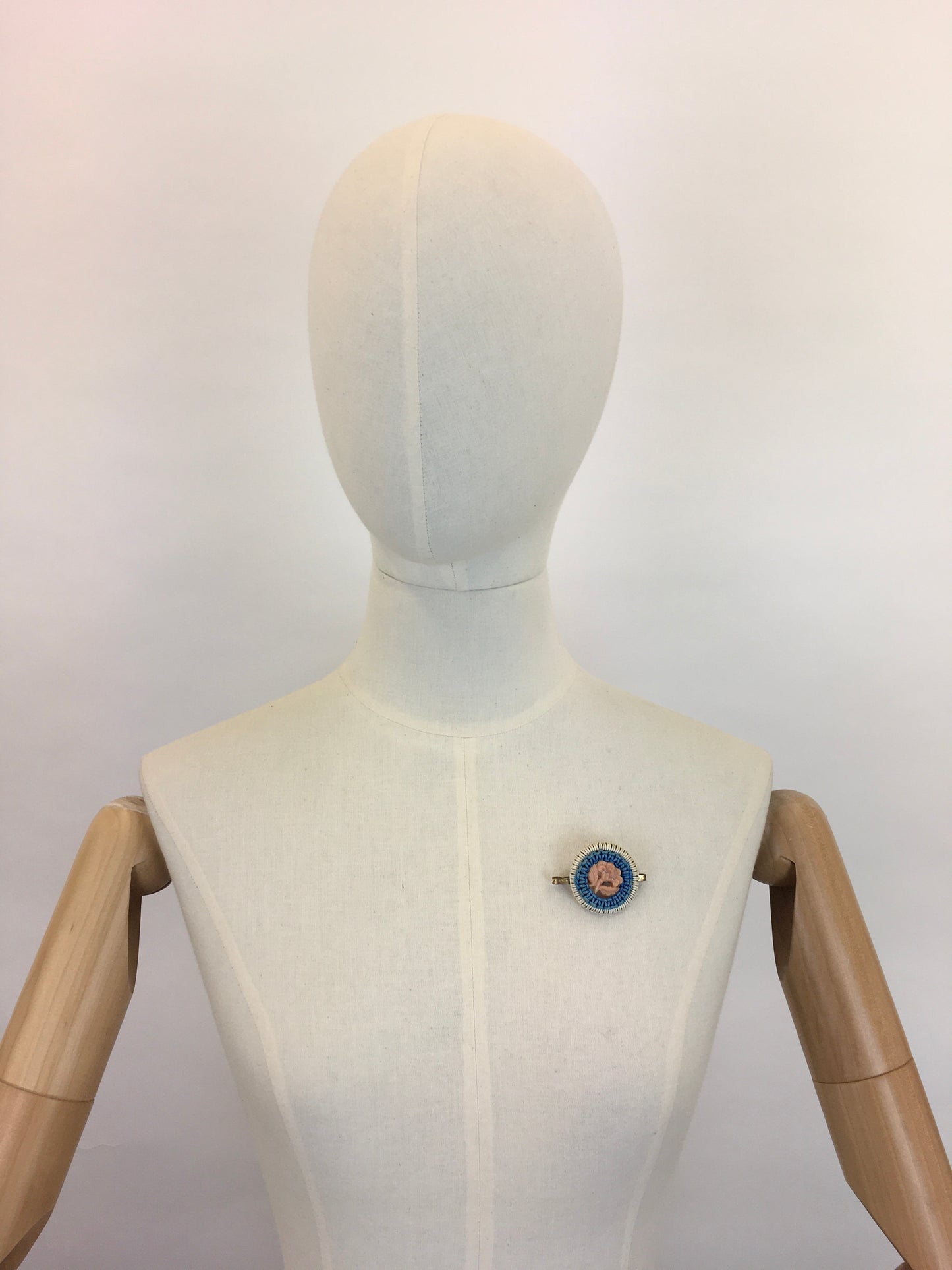 Original 1940’s Make Do and Mend Telephone Cord Wirework Brooch - In White, Blue and Pale Pink