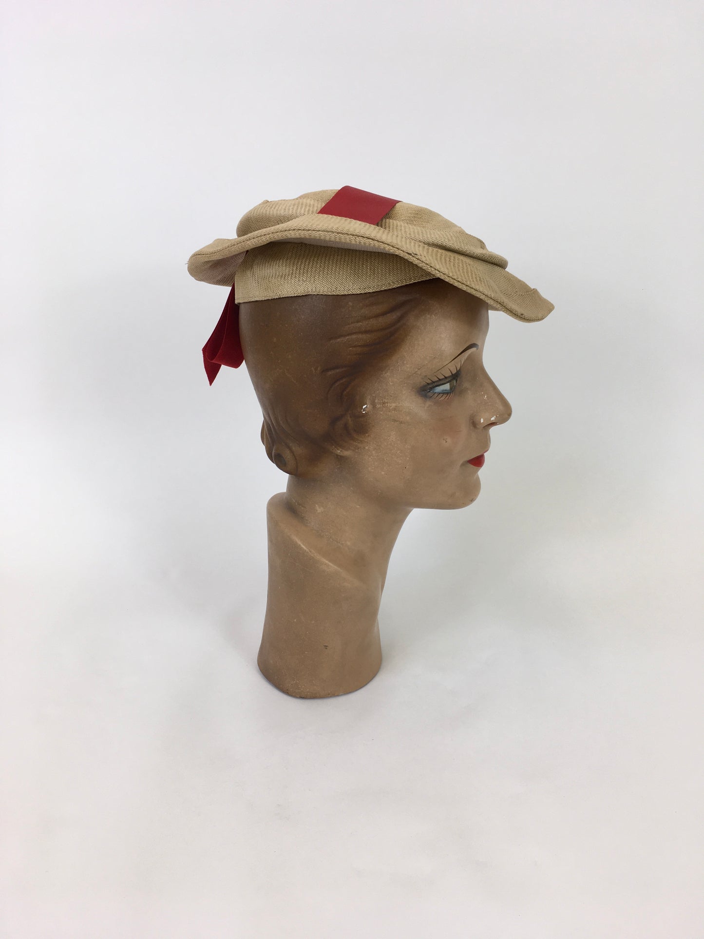 Original 1930's Stunning Natural Straw Cloth Hat - With Zesty Orange Grosgrain Trim