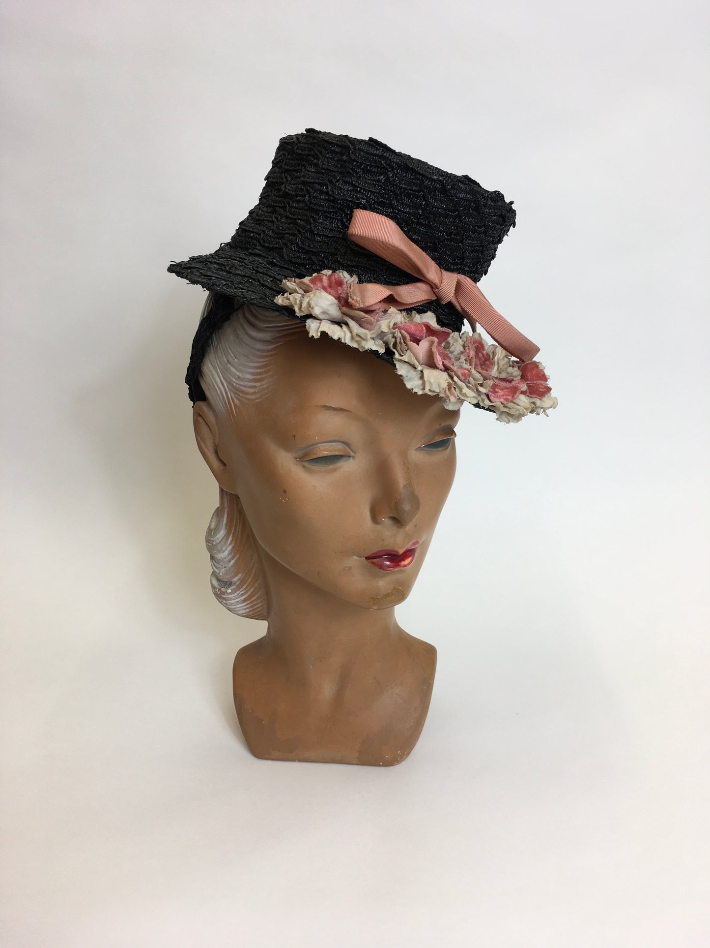 Original Stunning 1940’s Black Topper - Adorned with Pink & Grey Velvet Flowers & Leaves