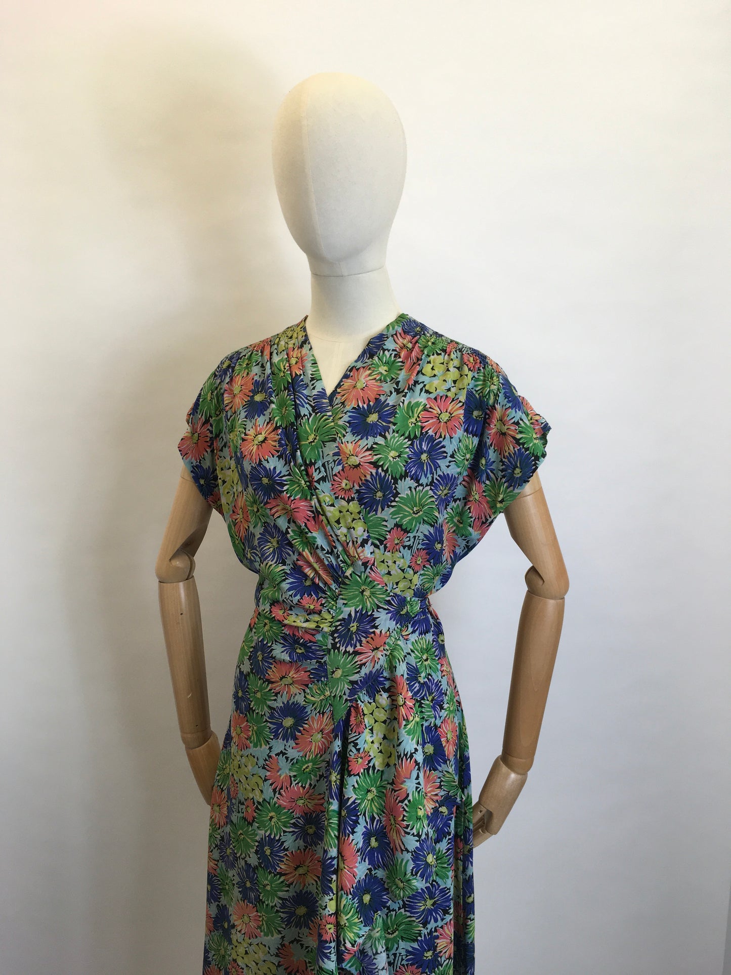 Original 1940’s STUNNING Floral Rayon Wrap Dress - Beautiful Waterfall Hip Swag