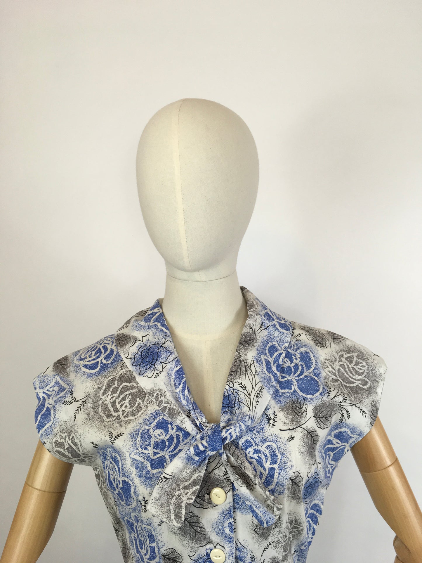 Original late 1940s Floral Dress - In A Crisp Cotton in Soft Greys, Charcoals and Blues