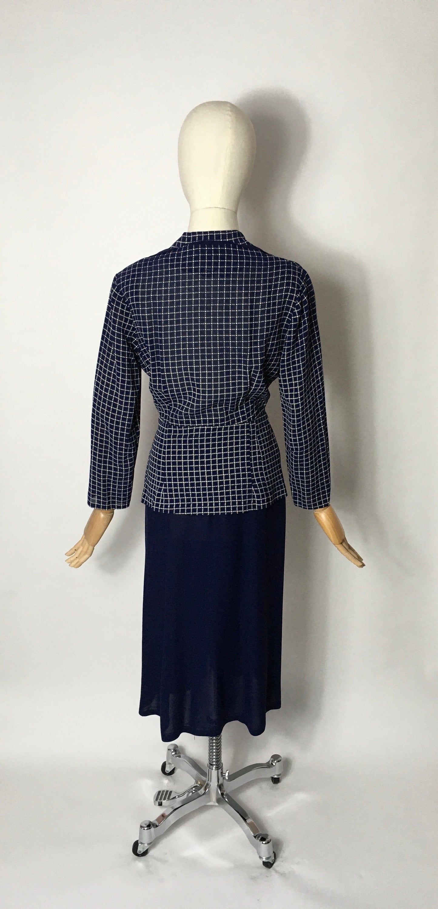 Original 1940’s Illusion Dress with Sharp Collar - Contrast Check & Navy Rayon