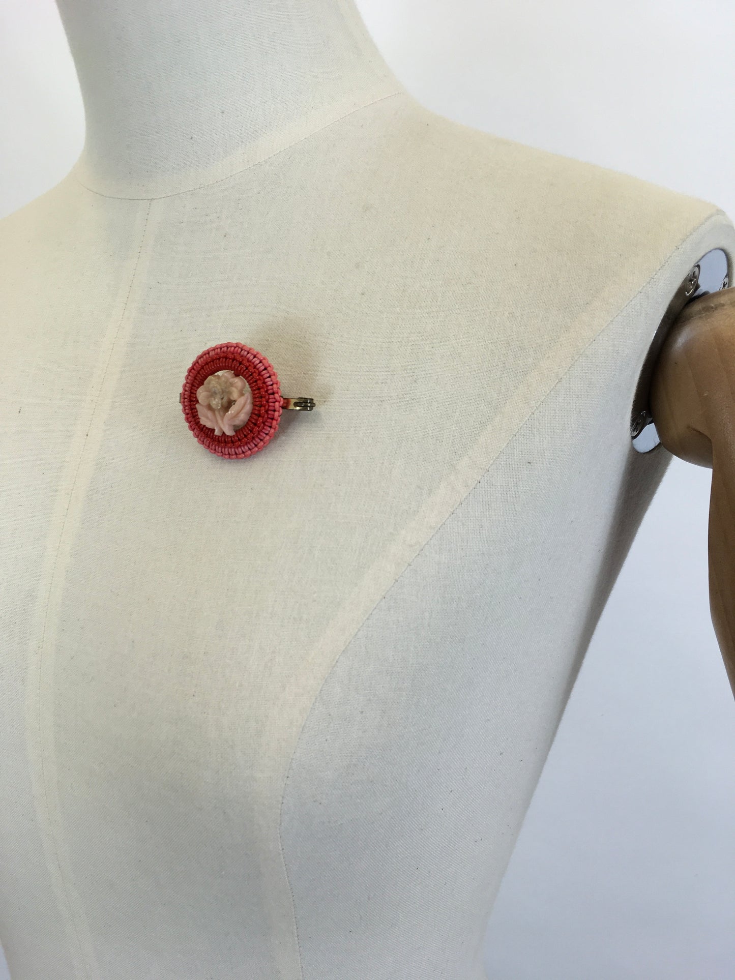 Original 1940’s Make Do And Mend Telephone Cord Brooch - In Powdered Pink and Lipstick Coral