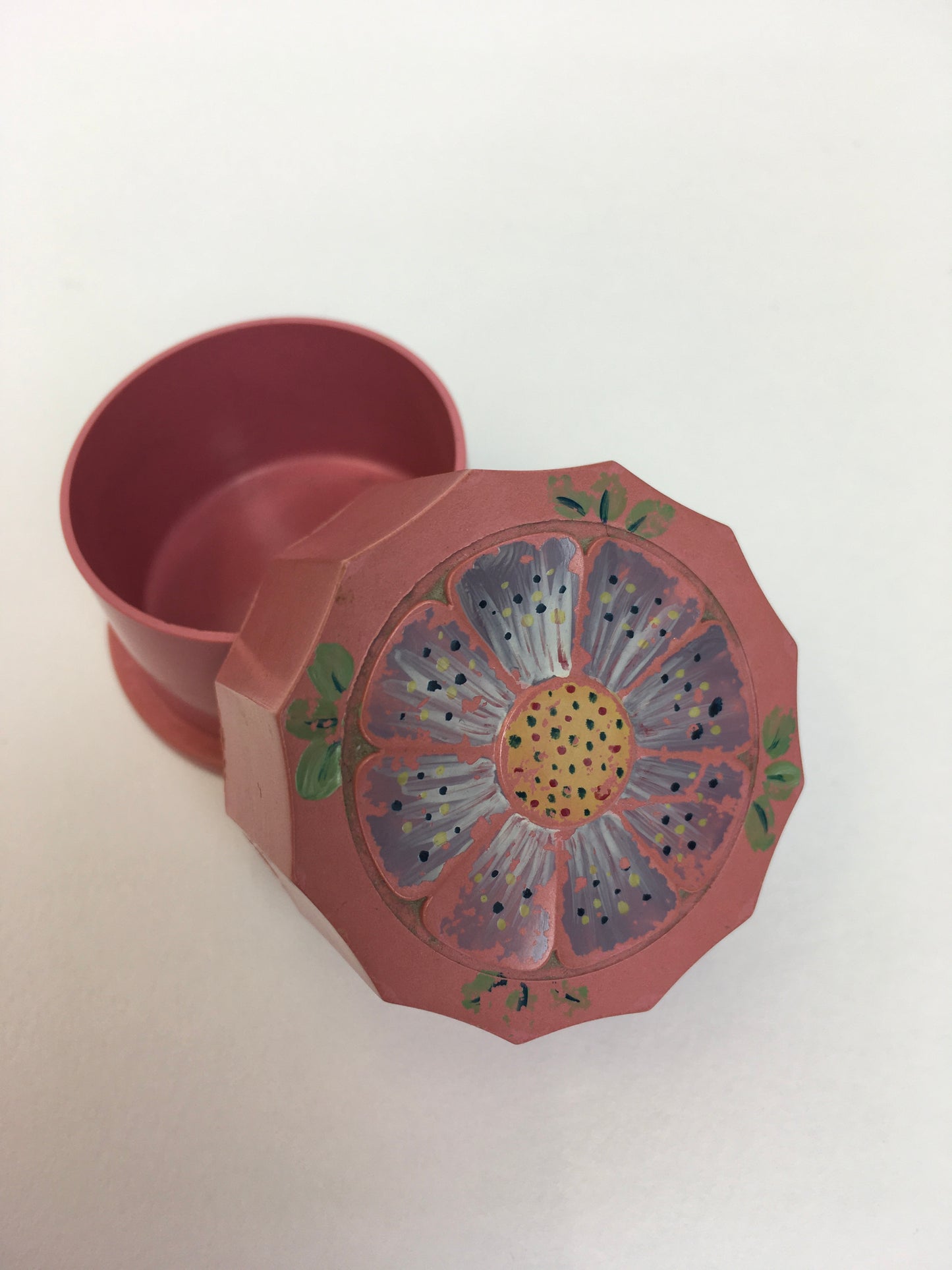 Original 1930s Celluloid Dressing Table Pot - With a Floral Motif In soft Lilac, Muted Yellow and Grassy Greens