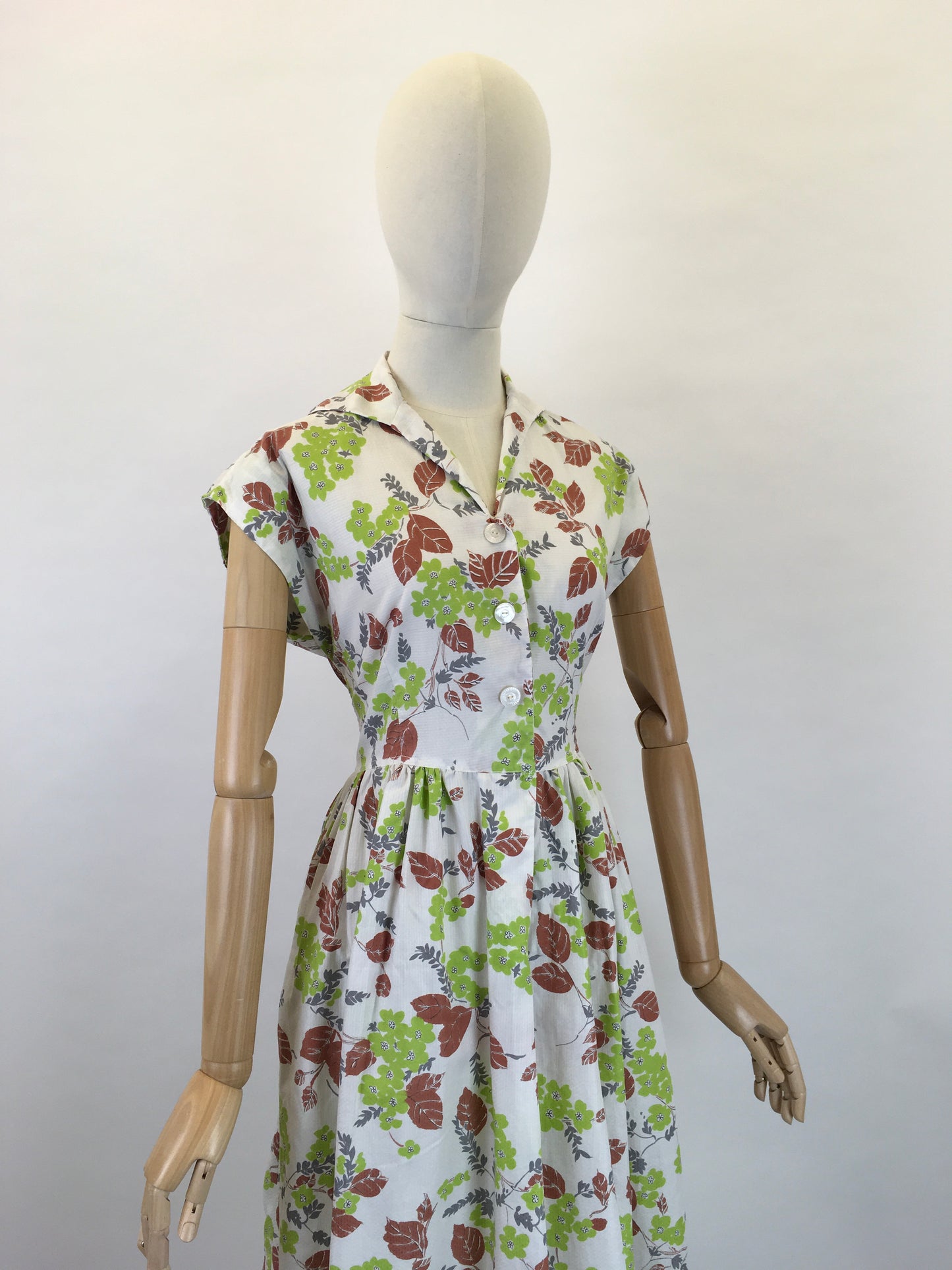 Original 1950s Crisp Cotton Day Dress - In Autumnal Shades of Warm Browns, Soft Greys and Bright Olive Green