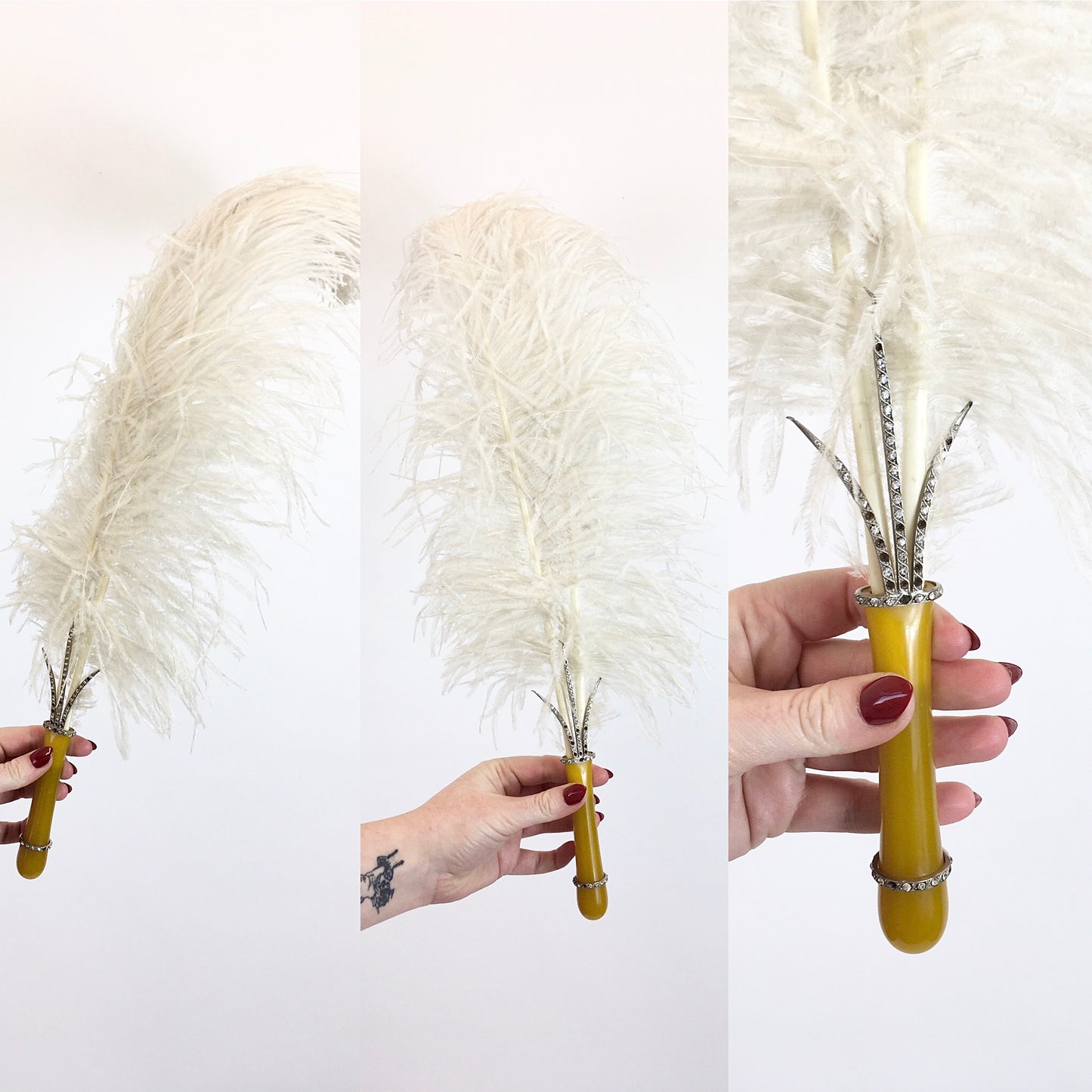 Original 1920's Fabulous Single Feather Plume with Encrusted Early Plastic Handle - Worn in 1926 To a Brides Evening Celebration