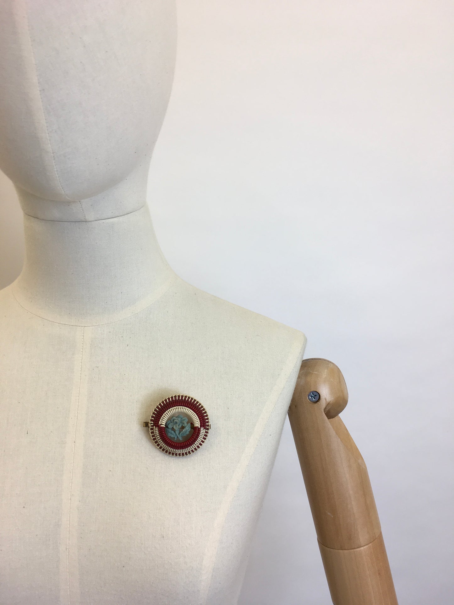 Original 1940’s ‘ Make Do and Mend ‘ Brooch - Red, Cream, Blue Telephone Wire