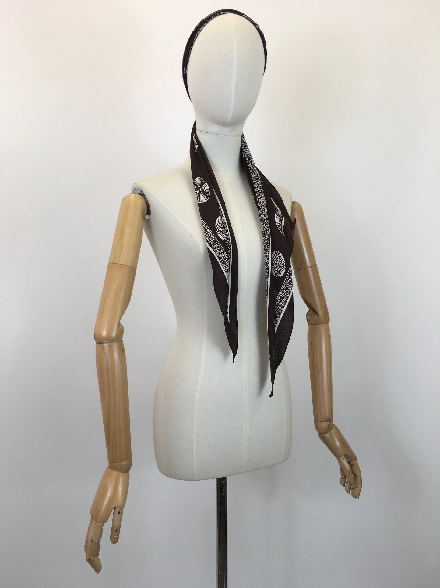 Original 1930's / 1940's Rayon Silk Deco Scarf - In A Chocolate Brown and Off White