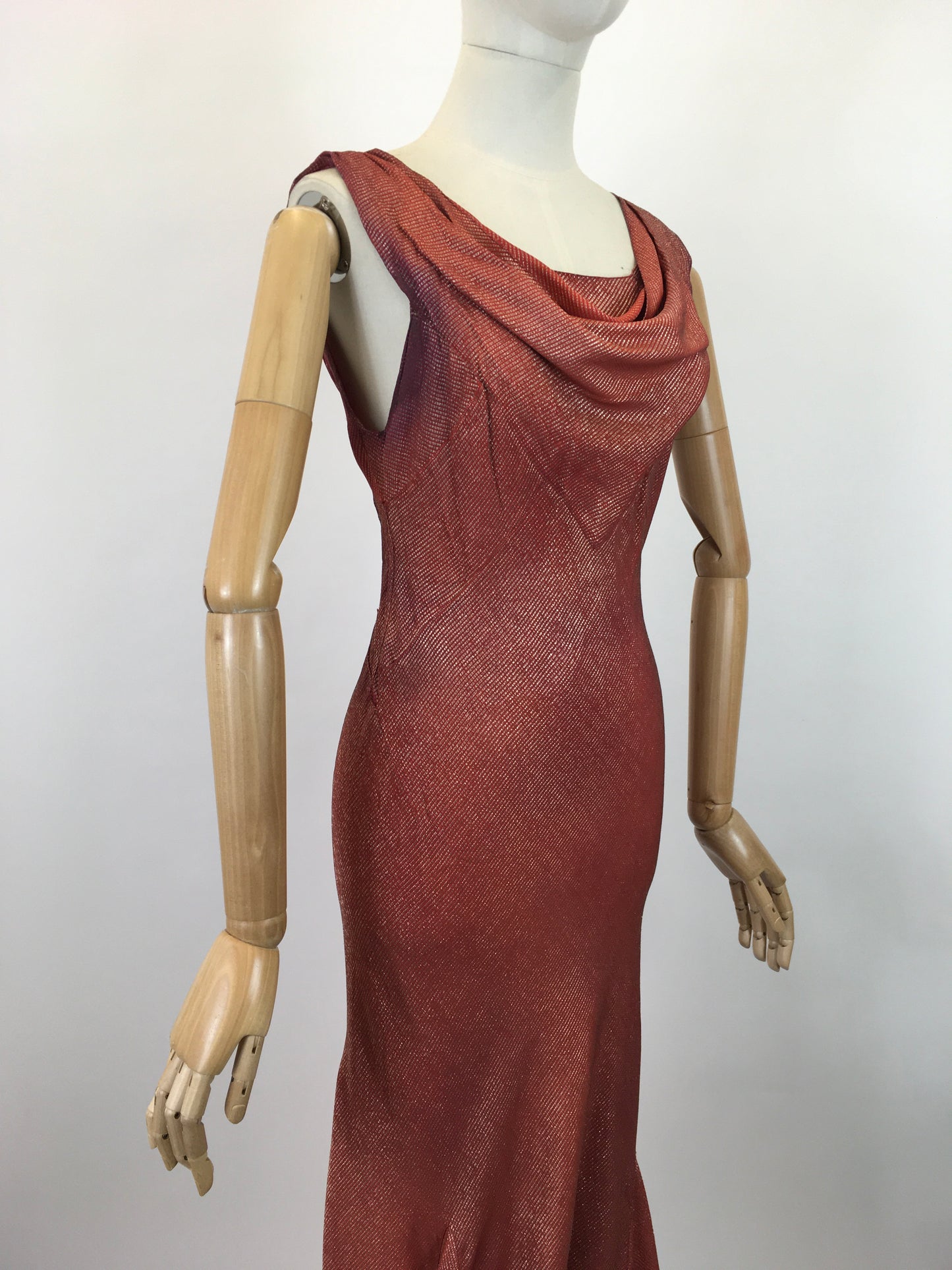 Original SENSATIONAL 1930's Evening Gown with Capelet - In Burnt Orange and Gold Lame with Rabbit Fur Trim