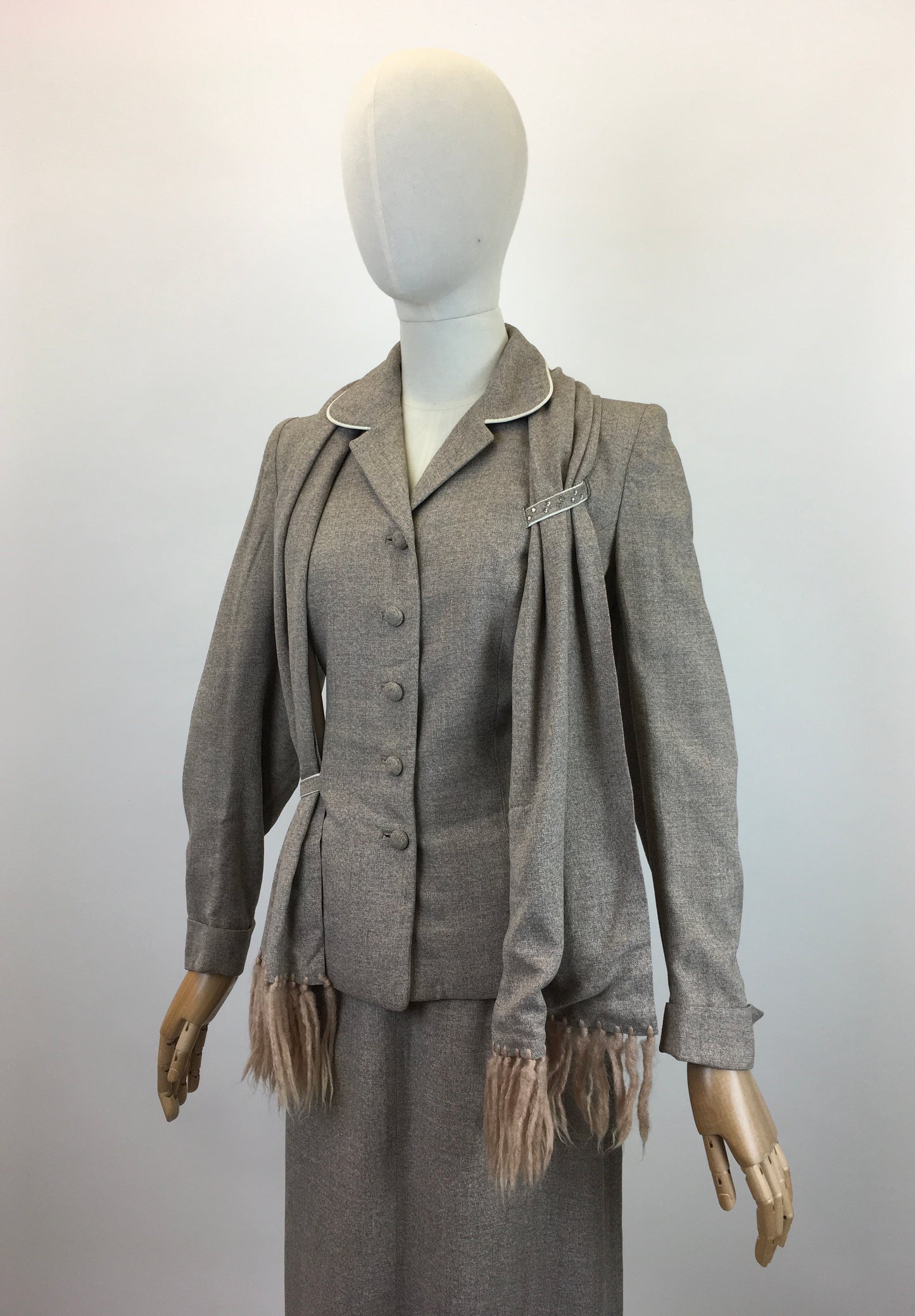 Original 1940's STUNNING 3pc Suit - In Soft Fawn with A Draped Tasselled Scarf