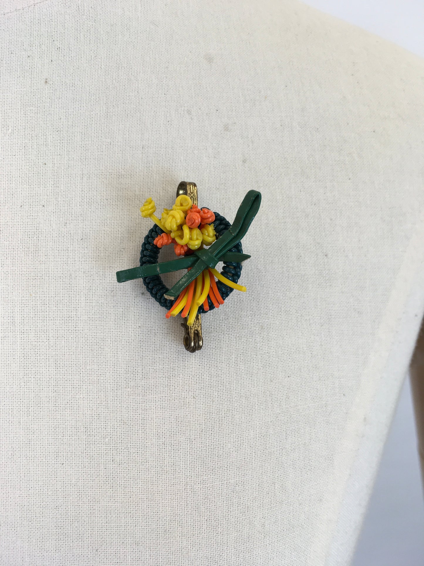 Original 1940s Make Do and Mend Telephone Wire Brooch - In Bright Yellow, Orange and Green